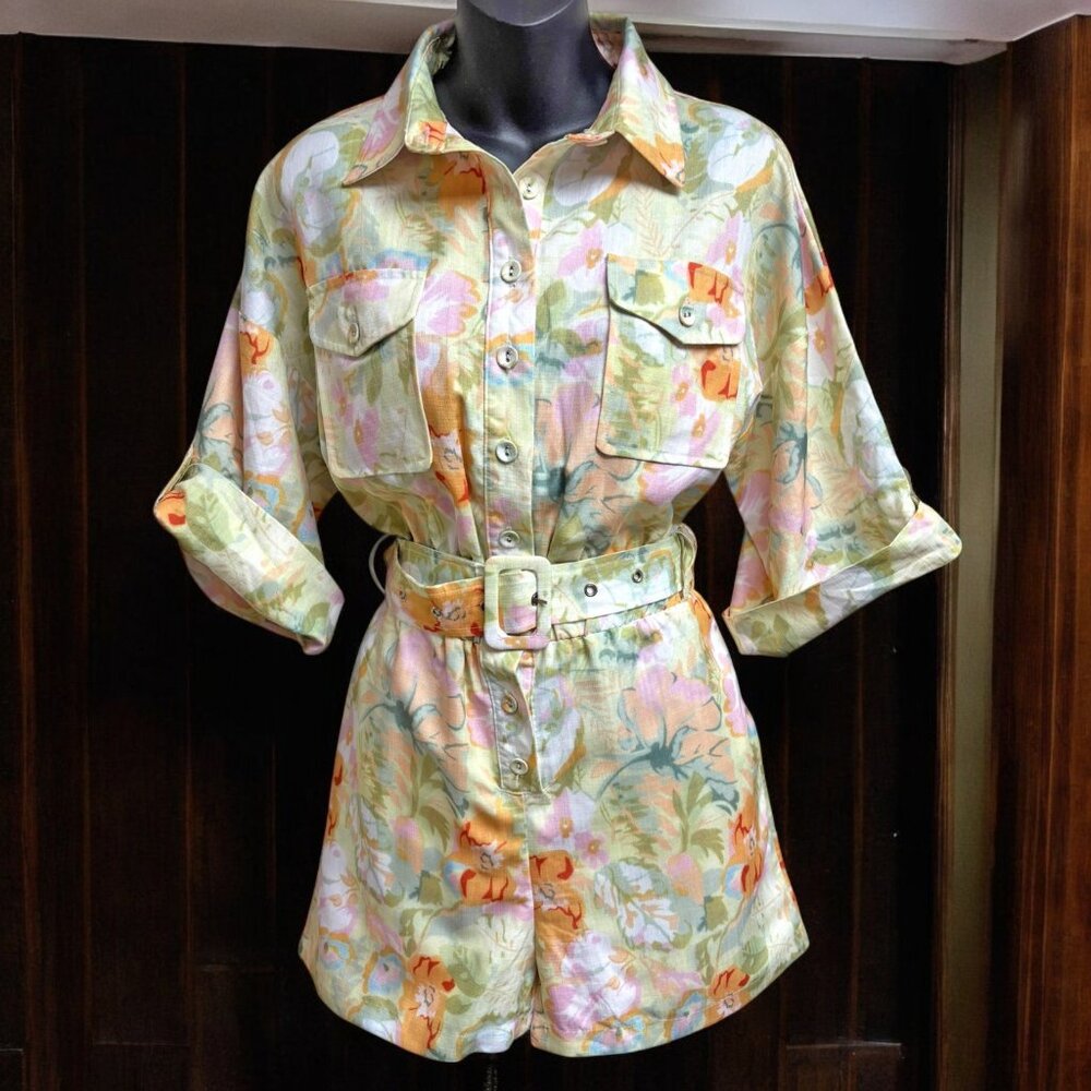 Lena Vibrant Floral Print Roll Tab Sleeve Belted Romper‎